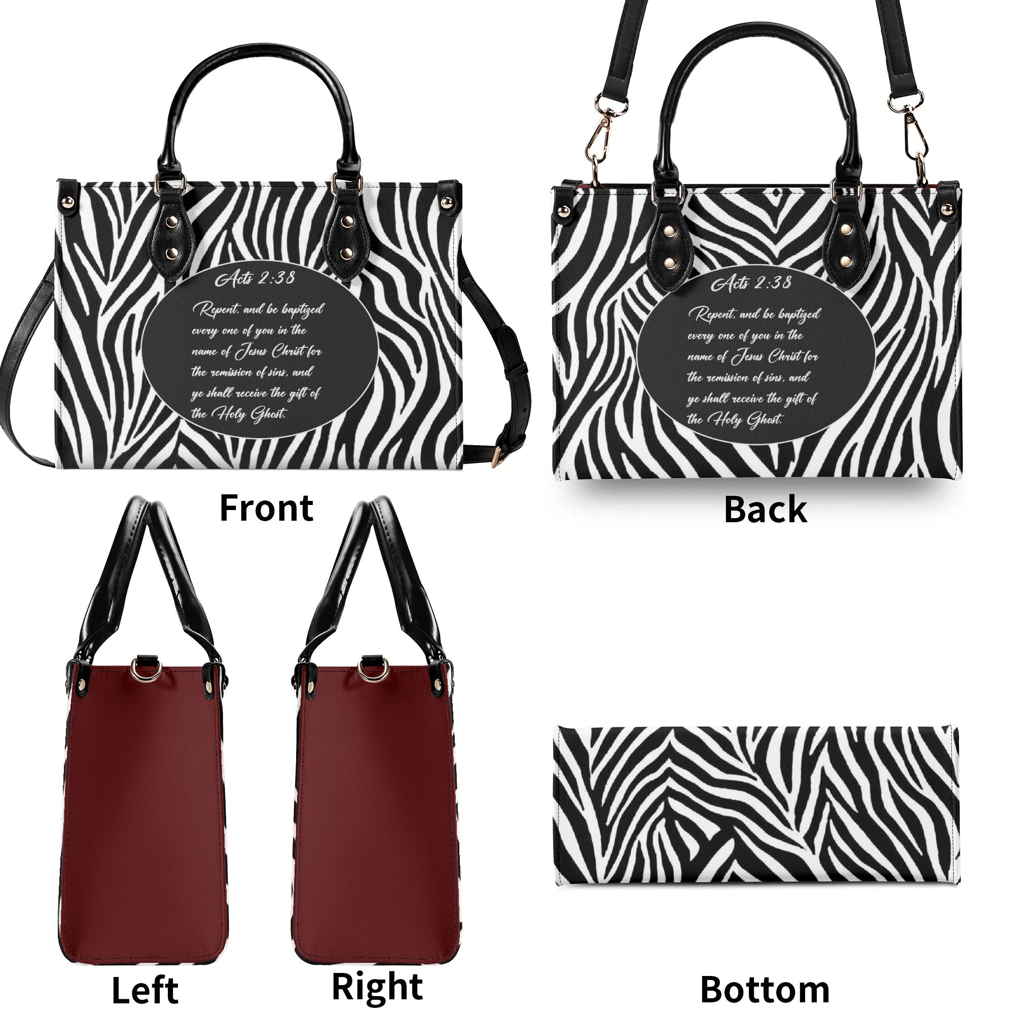 Acts 2:38 Apostolic Zebra Print Women PU Leather Handbag