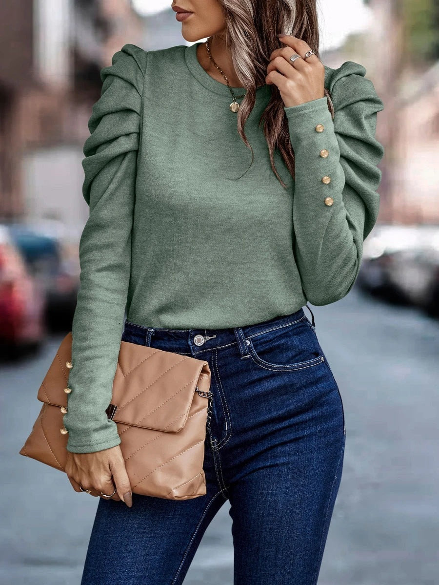 High Elastic Cashmere Round Neck Slim Bubble Long Sleeve Top