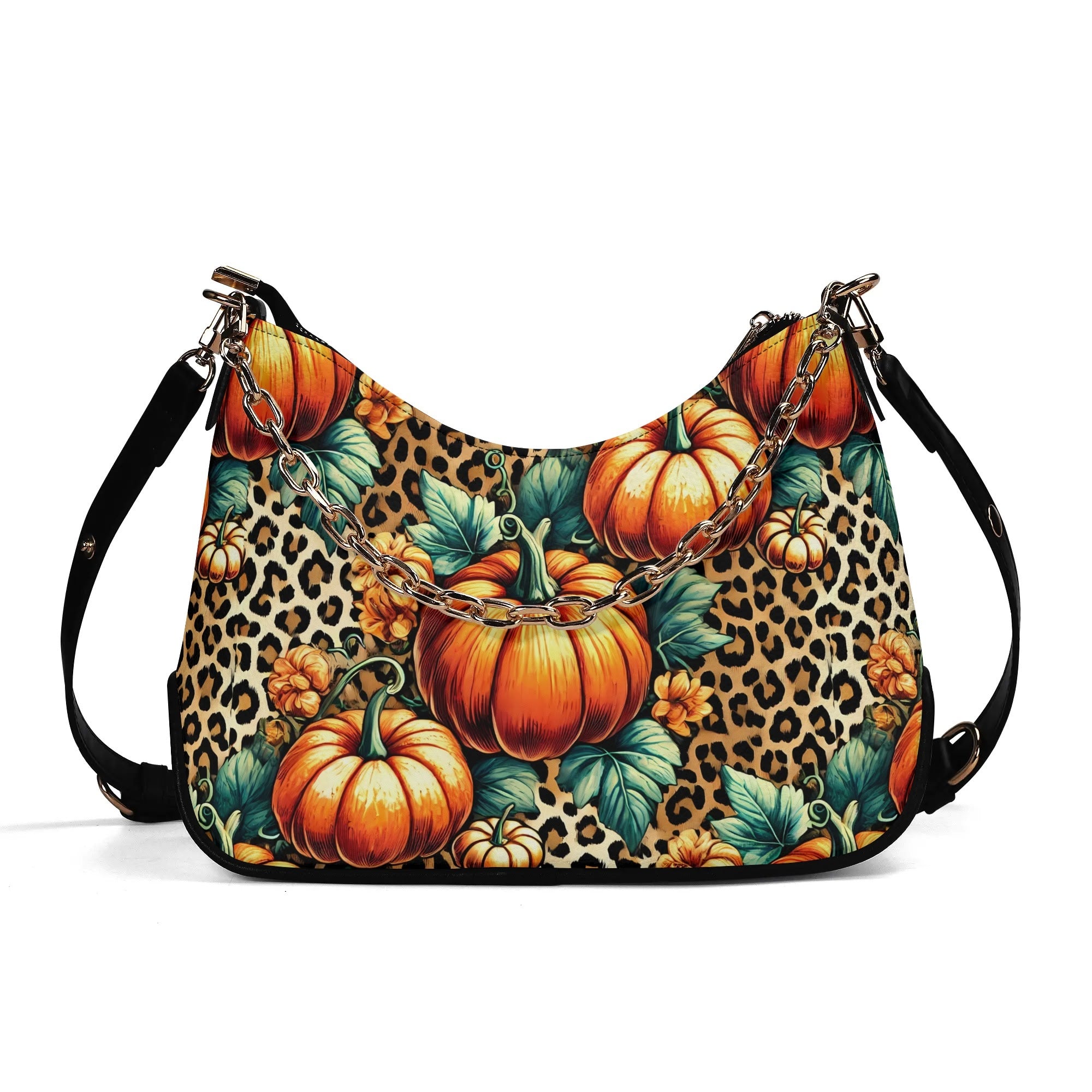 Leopard Print Cheetah Print Pumpkins Lady PU Shoulder Bag With Chain Decoration