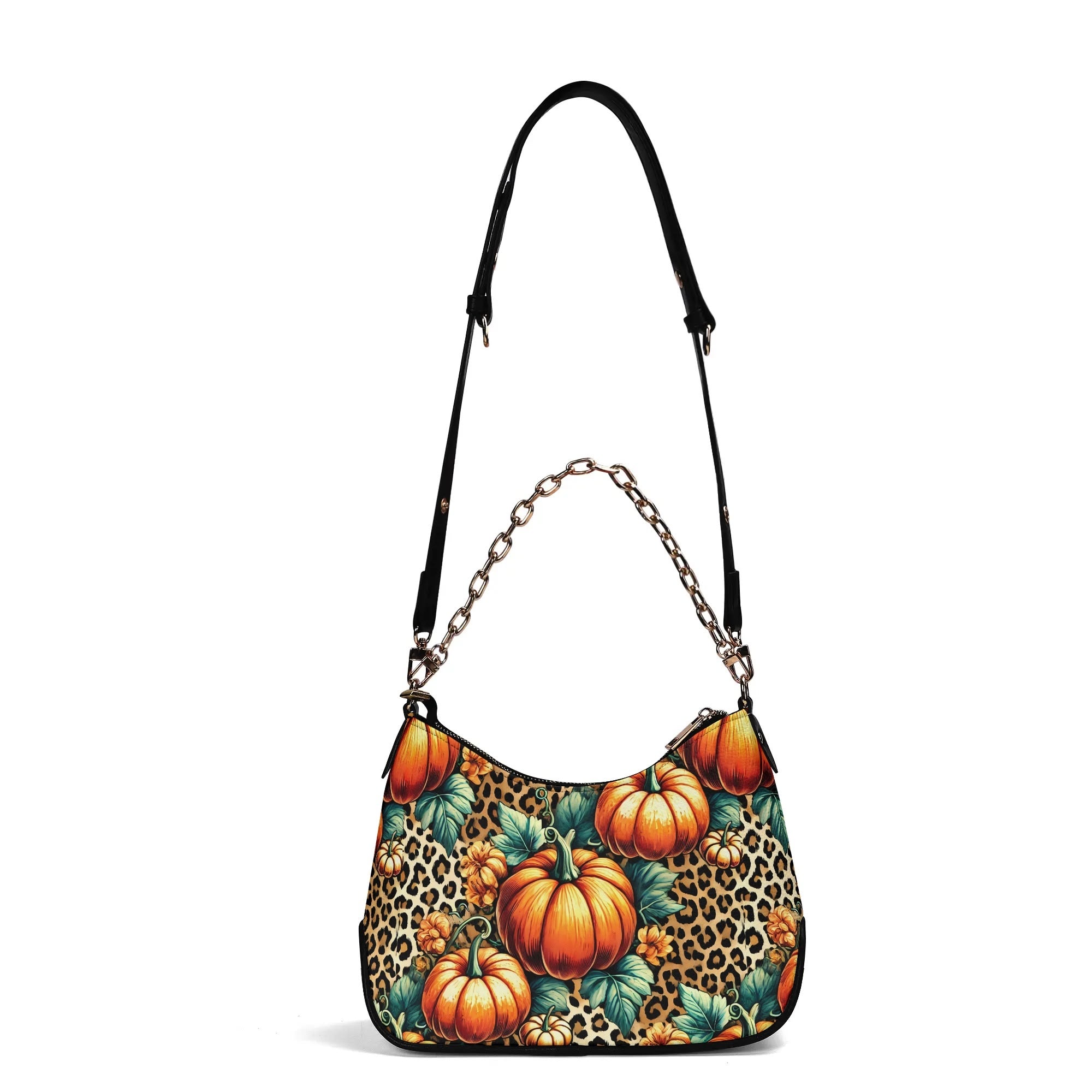 Leopard Print Cheetah Print Pumpkins Lady PU Shoulder Bag With Chain Decoration