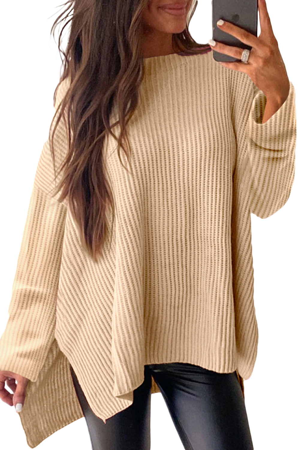 Apricot Plain Side Slits Oversized Sweater