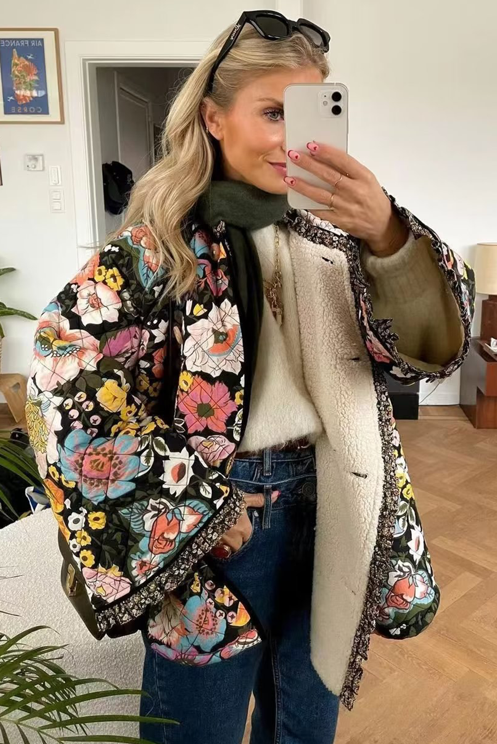 Black Floral Print Quilted Fleece Lined Buttoned Jacket