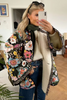 Black Floral Print Quilted Fleece Lined Buttoned Jacket