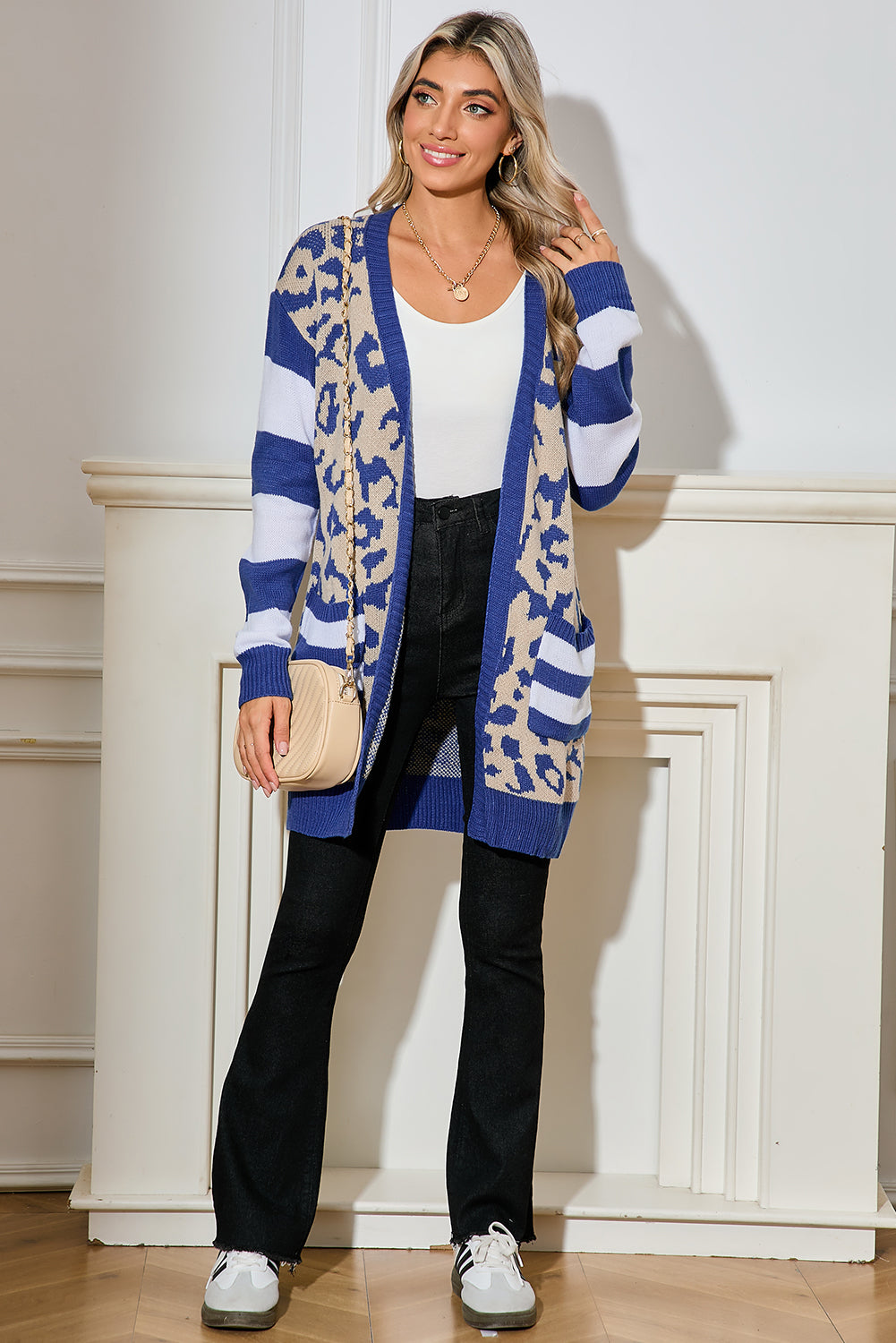 Black Stripe Sleeve Leopard Print Cardigan