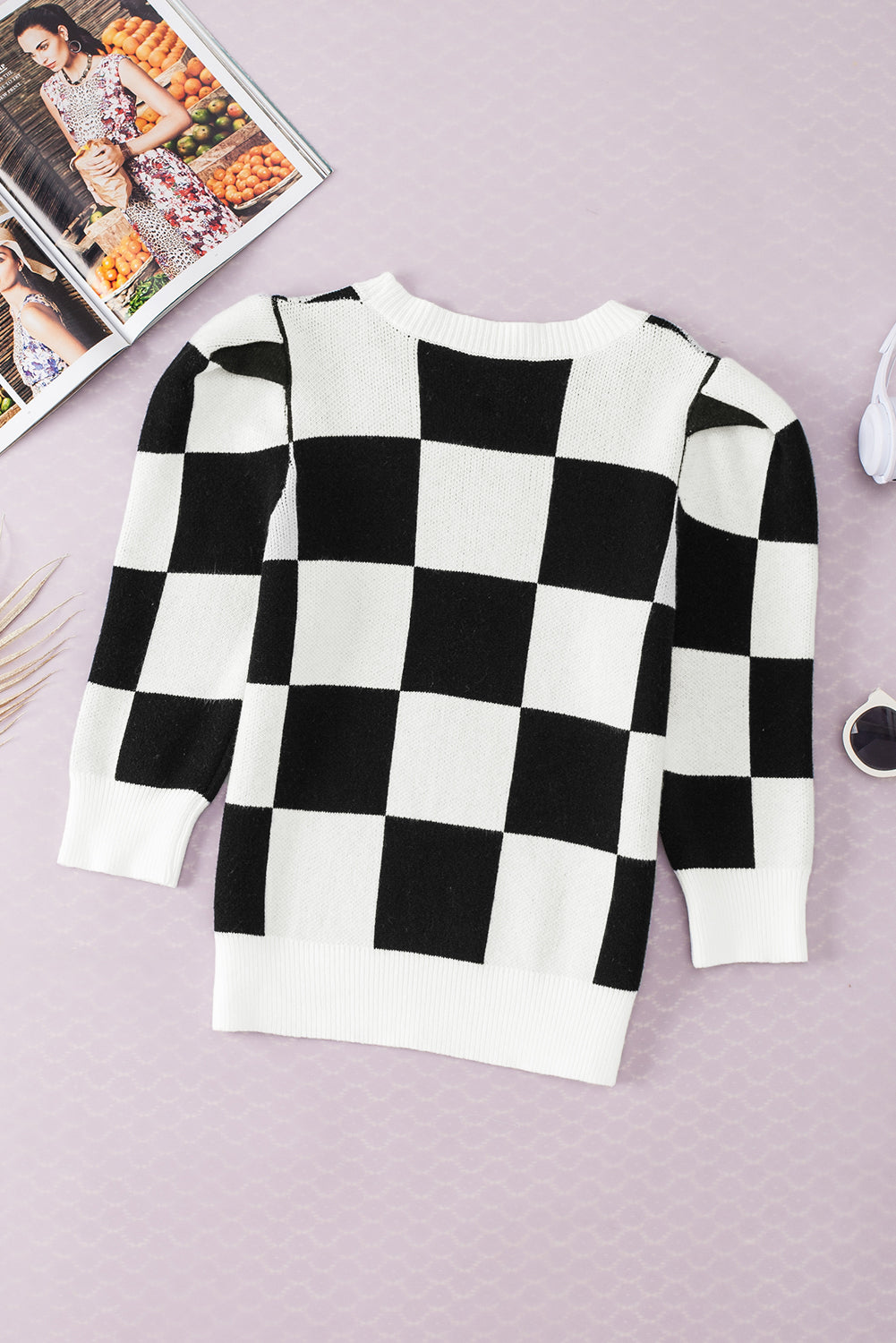 Black Two Tone Checkered Bubble Sleeve Knit Top