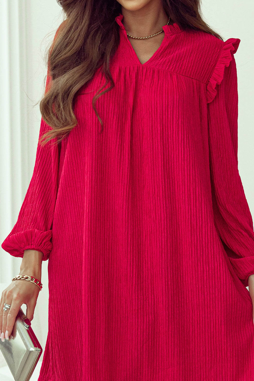 Fiery Red Textured Ruffled Trim V Neck Loose Fit Tunic