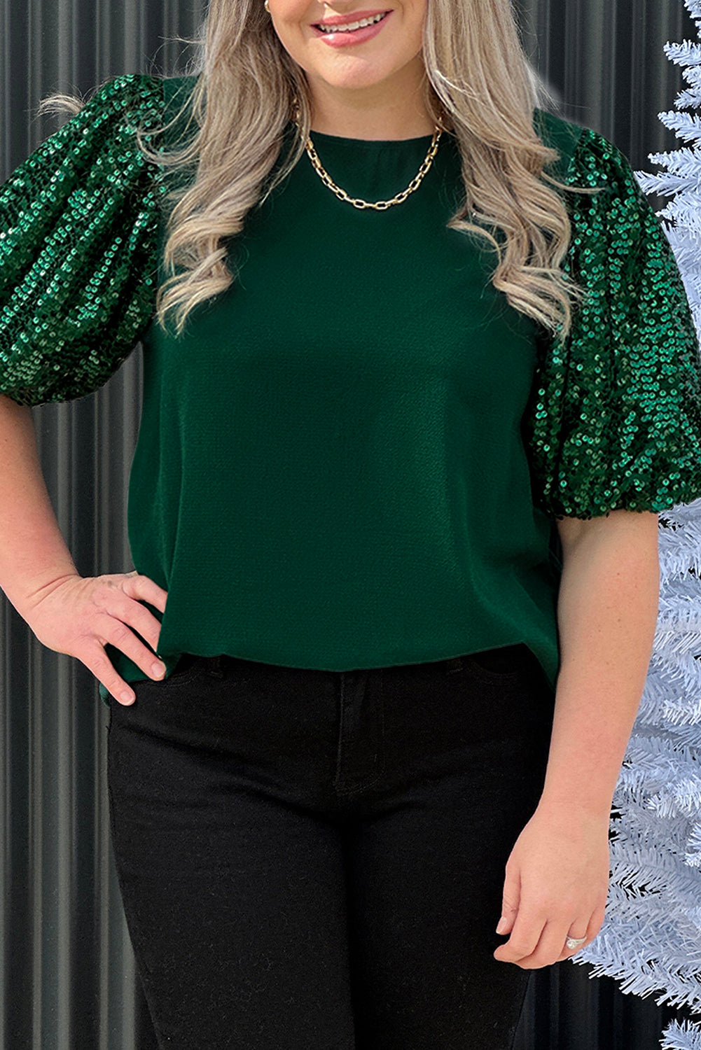 Blackish Green Plus Size Sequin Short Puff Sleeve Top