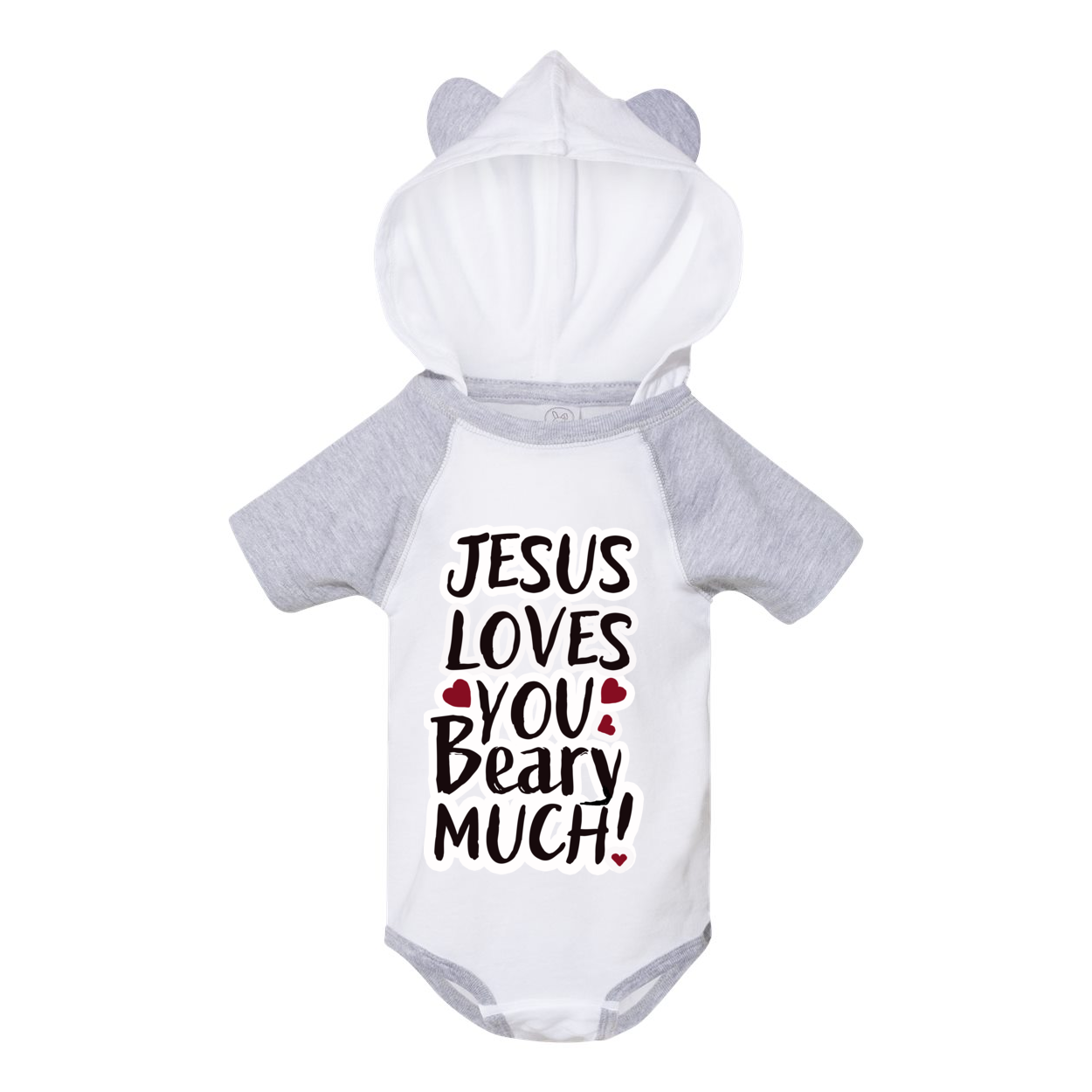 Jesus Loves  You Beary Much! Short Sleeve Raglan Bodysuit with Hood & Ears