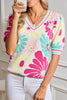 Multicolour Retro Floral Striped V-Neck Knitted Top