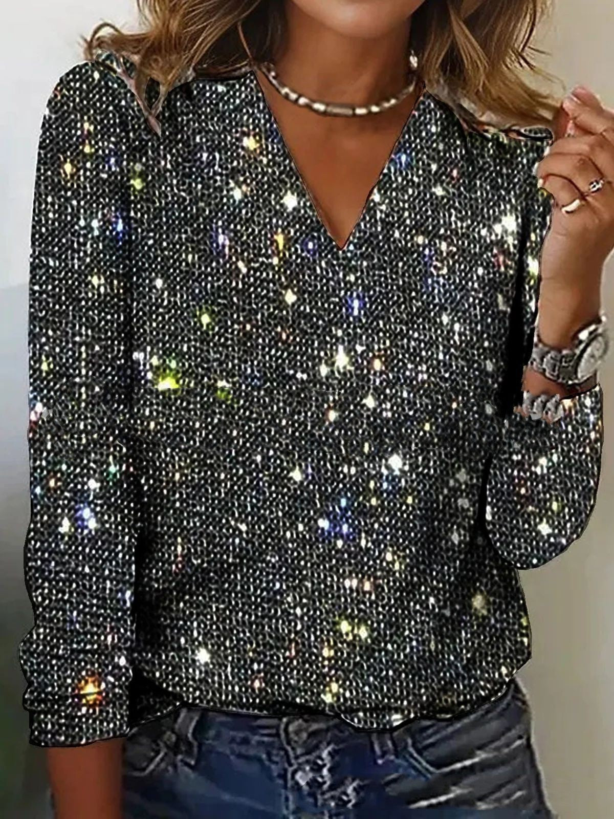 Women's Pure Color Sequins Long-sleeved T-shirt