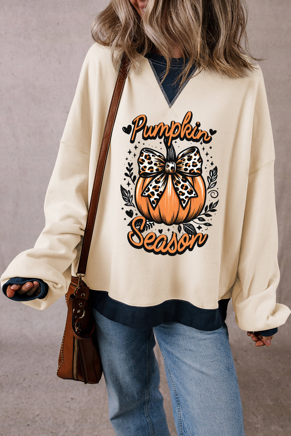 White Pumpkin Season Bow Colorblock Edge Graphic Sweatshirt