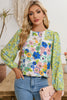 Green Bubble Sleeve Lace Detail Mixed Floral Blouse