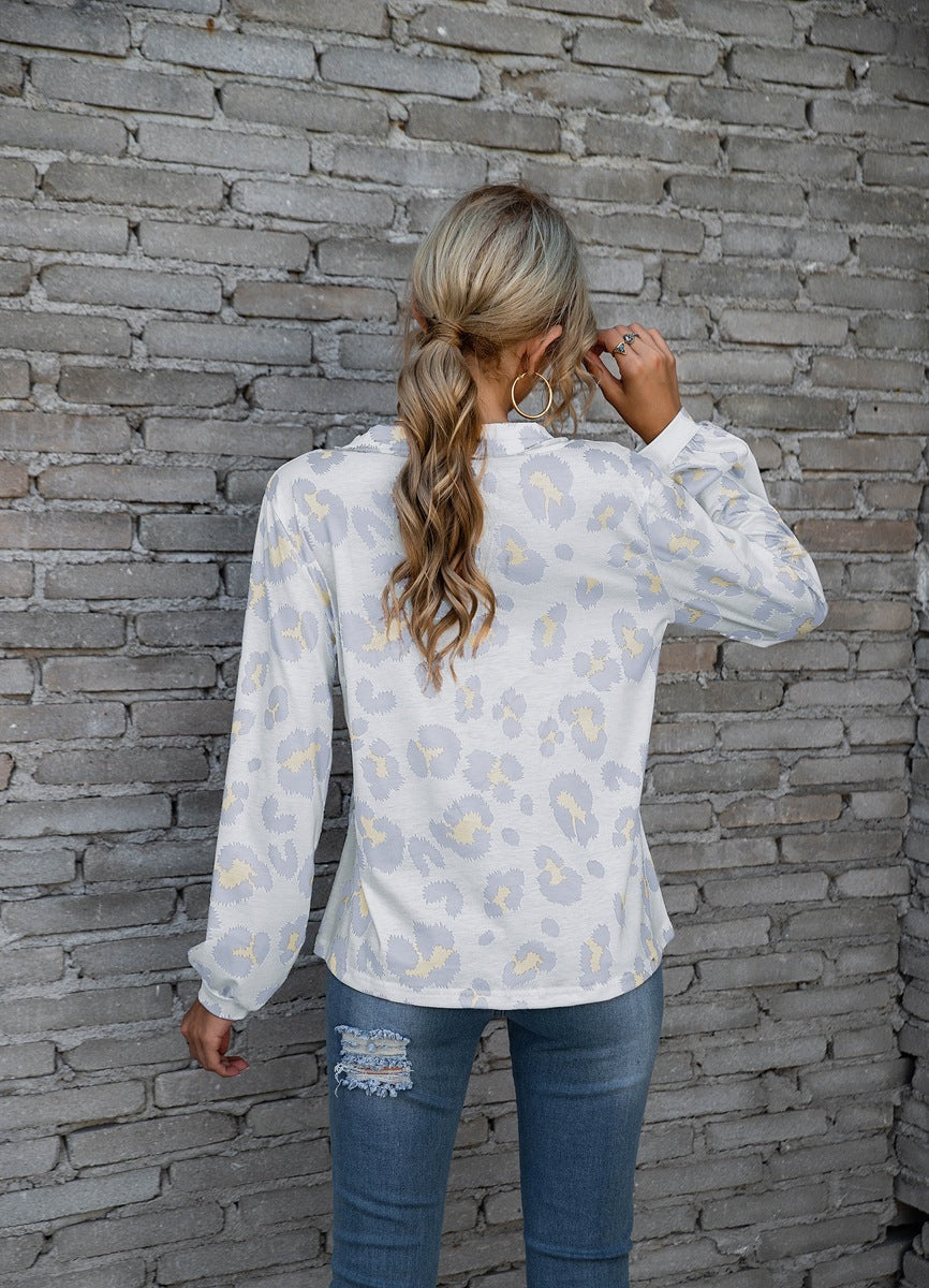 Leopard Print Printed V-neck Off-the-shoulder Long Sleeve T-shirt