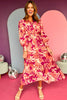 Rose Floral Print Buttoned Smocked High Waist Maxi Dress