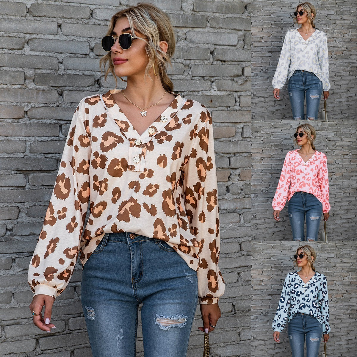 Leopard Print Printed V-neck Off-the-shoulder Long Sleeve T-shirt