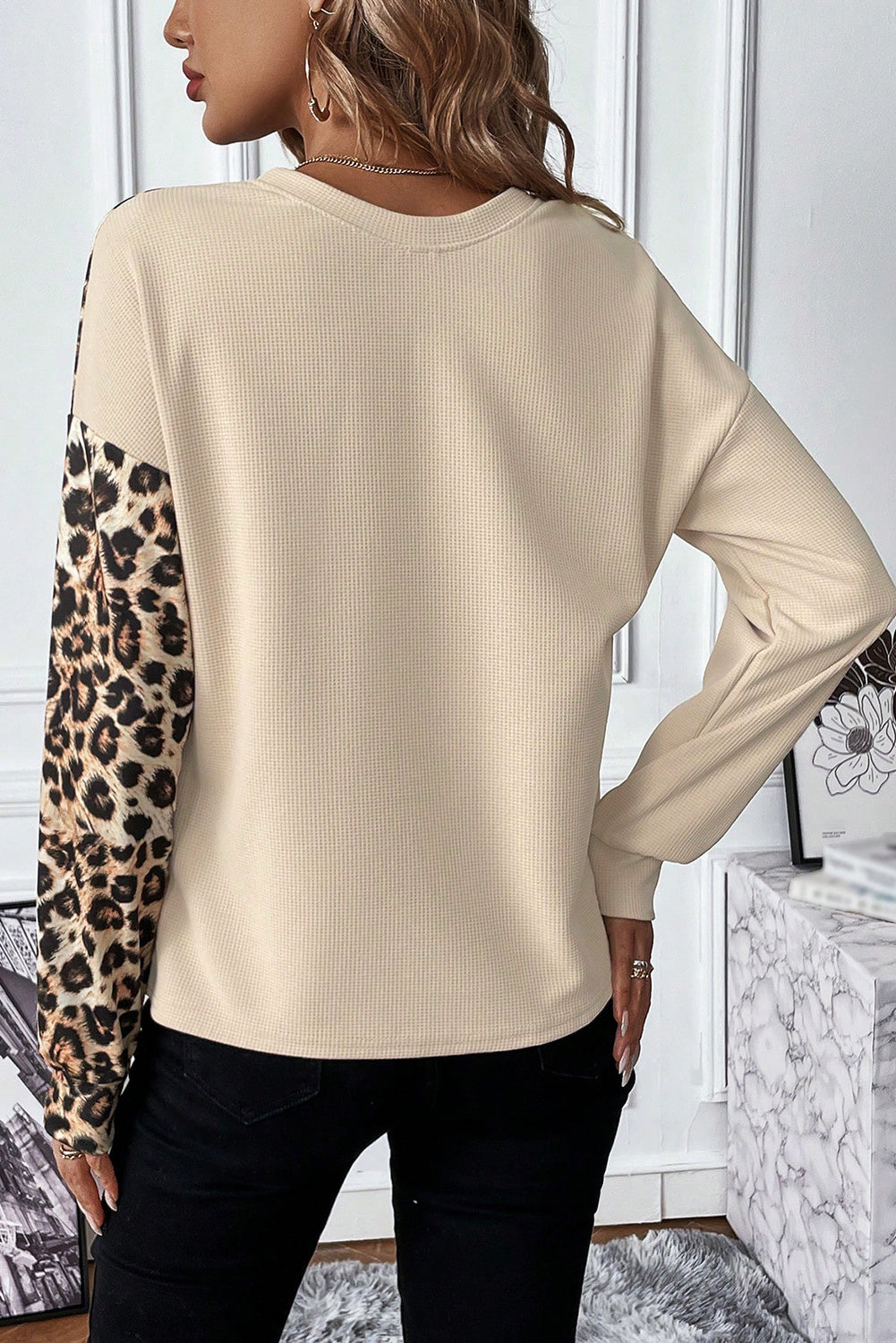 Bonbon Casual Waffle Knit Leopard Contrast Long Sleeve Top