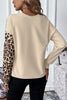 Bonbon Casual Waffle Knit Leopard Contrast Long Sleeve Top