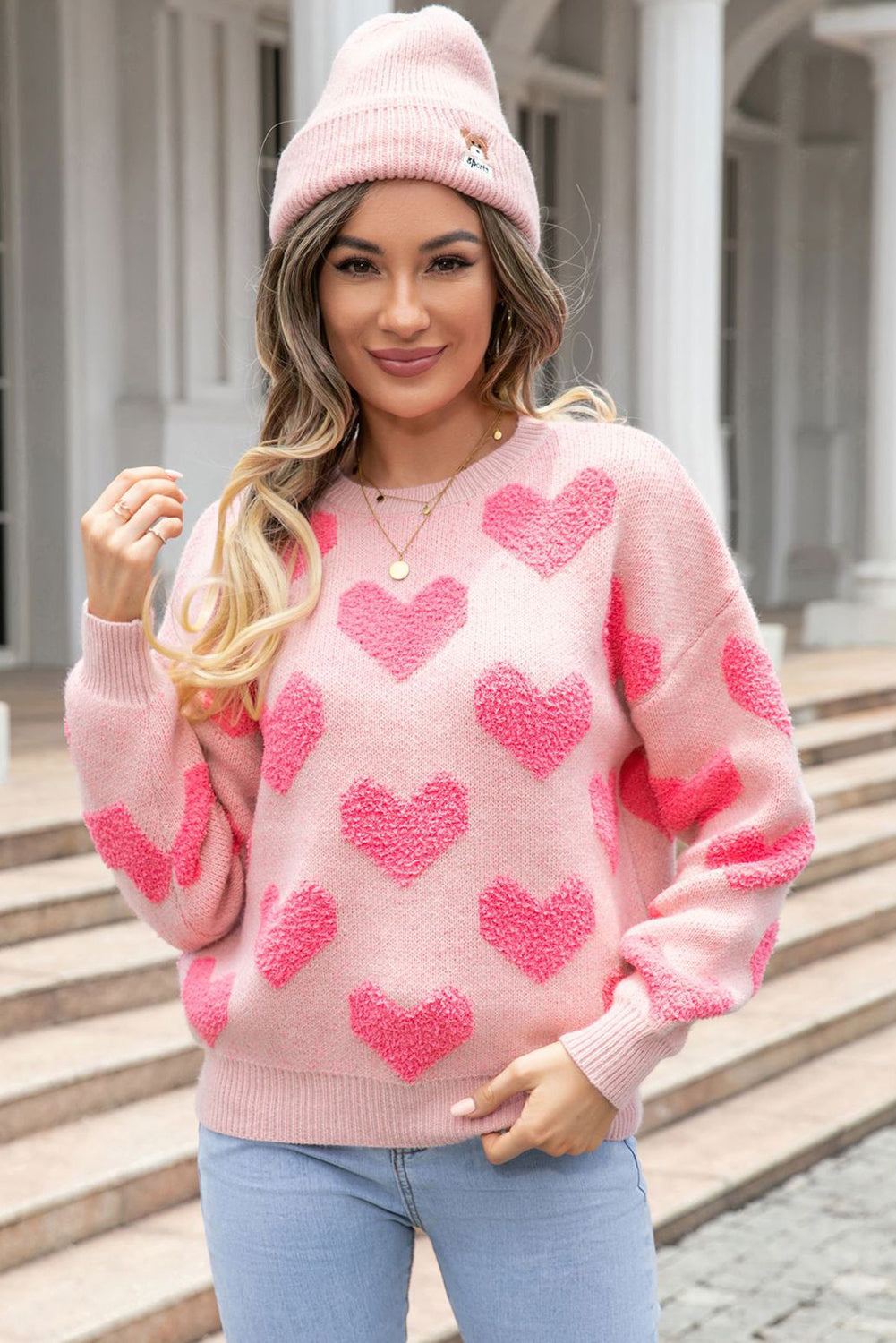 Light Pink Valentine's Day Heart Jacquard Knit Sweater