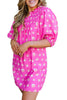 Bright Pink Printed Shirred Yoke Half Puff Sleeve Dress