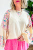 Apricot Floral Patchwork Puff Sleeve Plus Size Ribbed Top