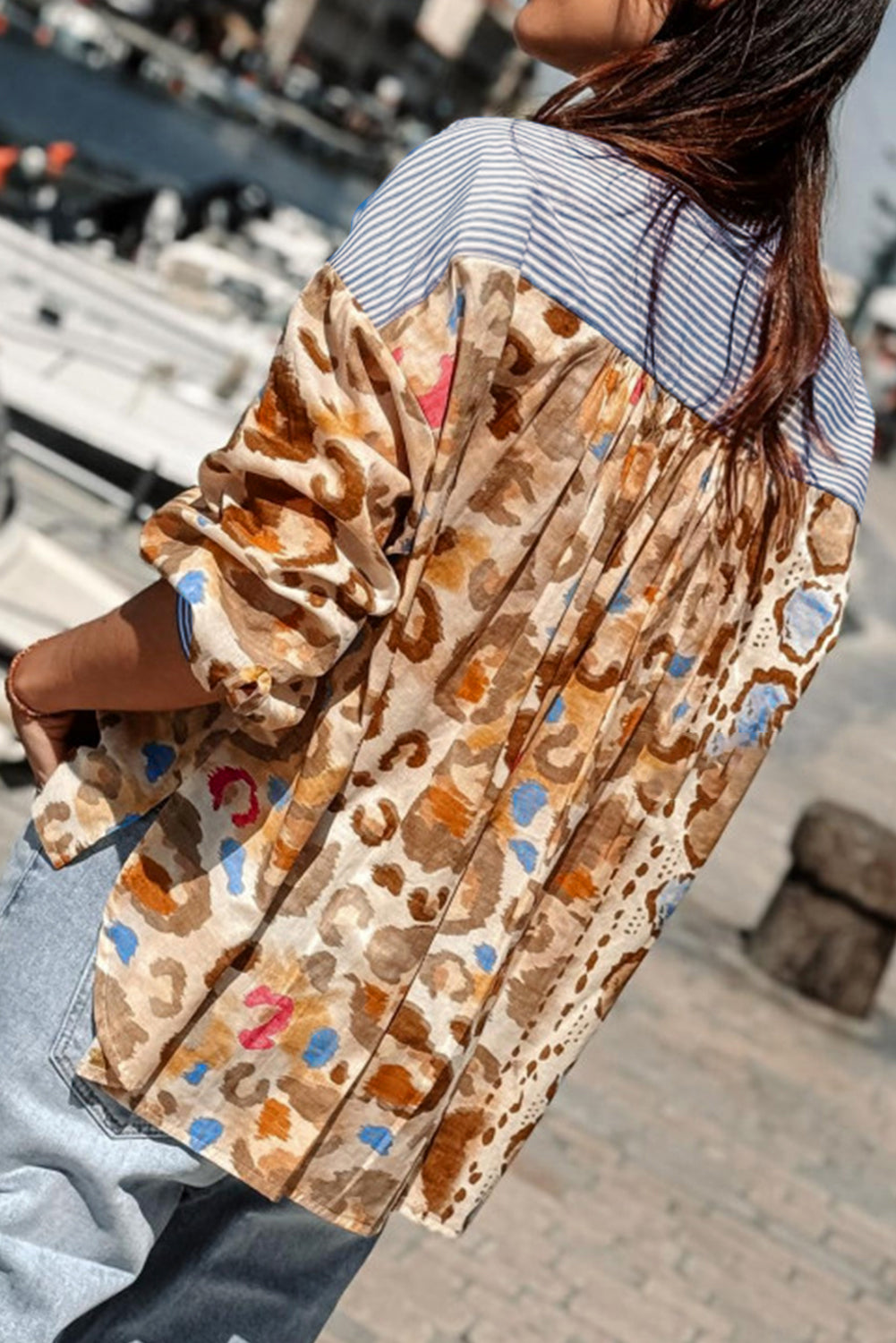 Light French Beige Colorful Leopard Print Striped Patchwork Shirt