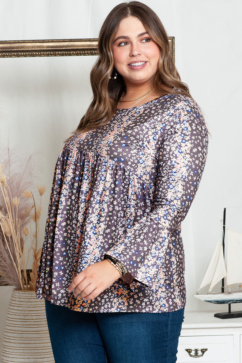 Purple Floral Print Round Neck Plus Size Tunic