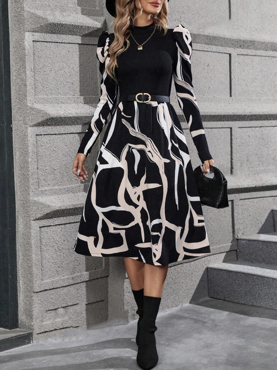 Printed Mock Neck Puff Sleeve Dress