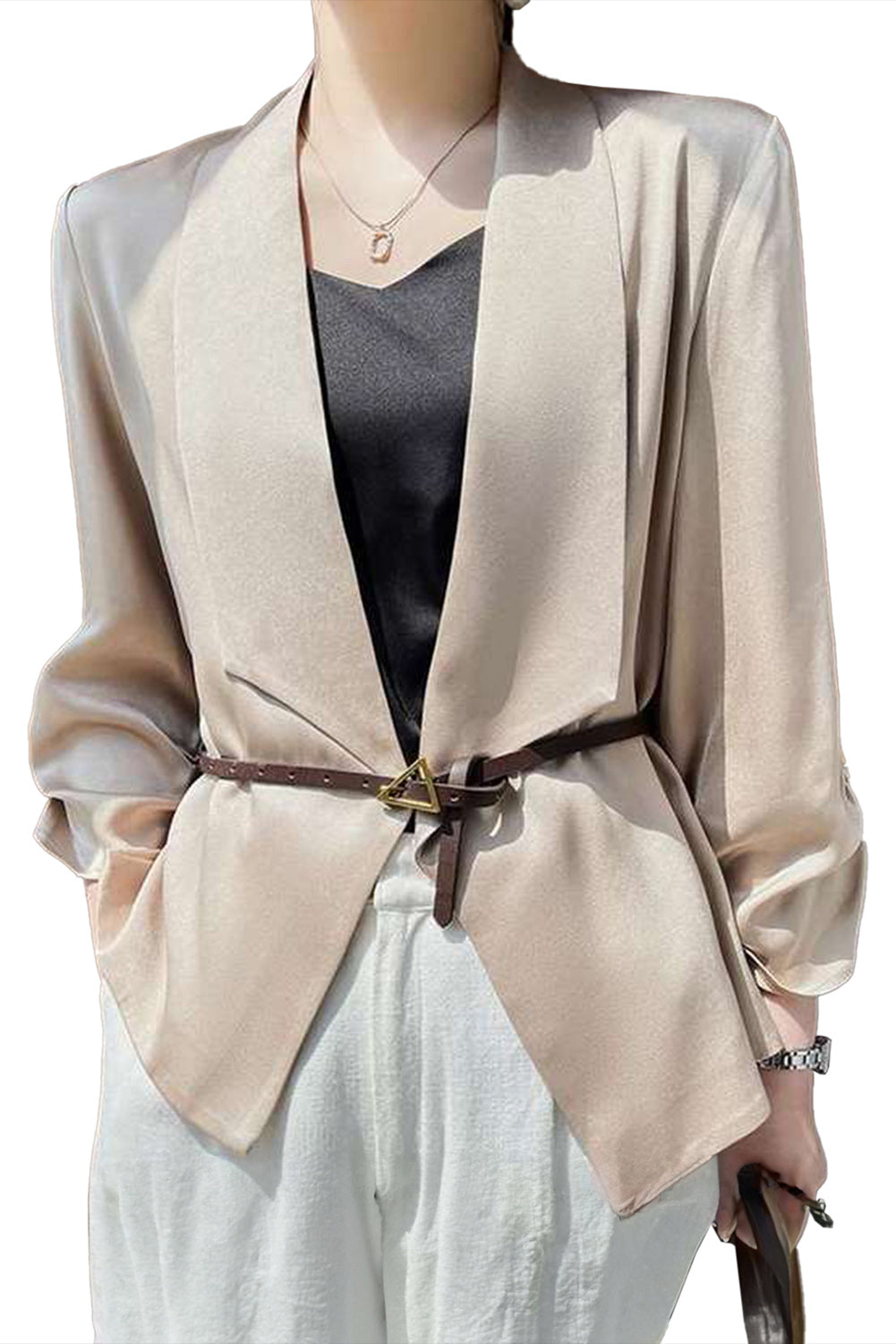 Apricot Solid Lapel Collar Satin Blazer