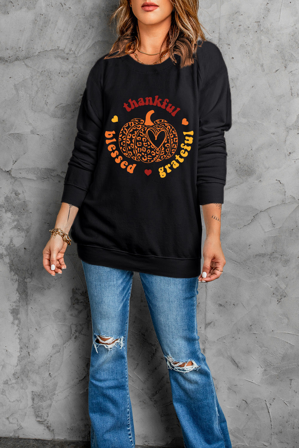 Black Leopard Pumpkin thankful blessed grateful Print Sweatshirt