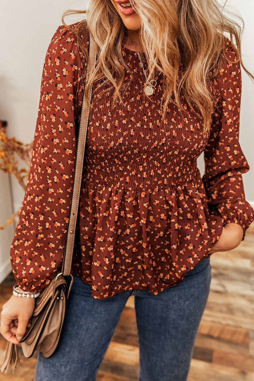 Ditsy Floral Print Boho Smocked Ruffled Peplum Blouse