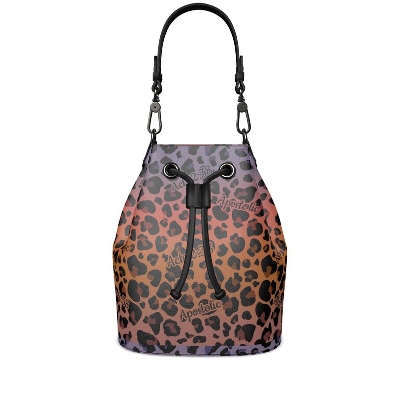 Acts 2:38 Apostolic Full Grain Nappa Leather Bucket Bag Cheetah Print