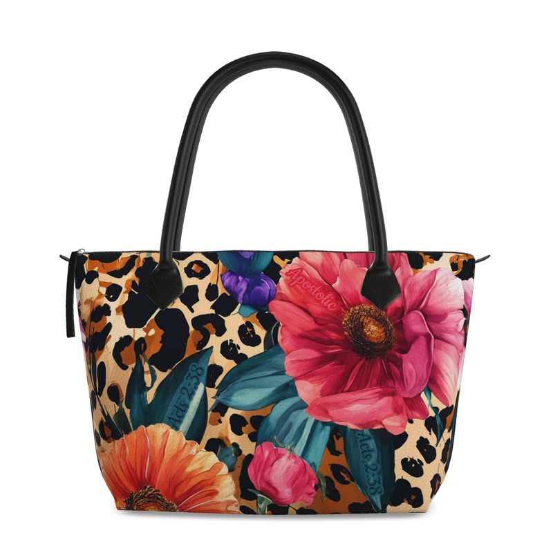 Cheetah Print Floral Full Grain Nappa Leather Zip Handbag