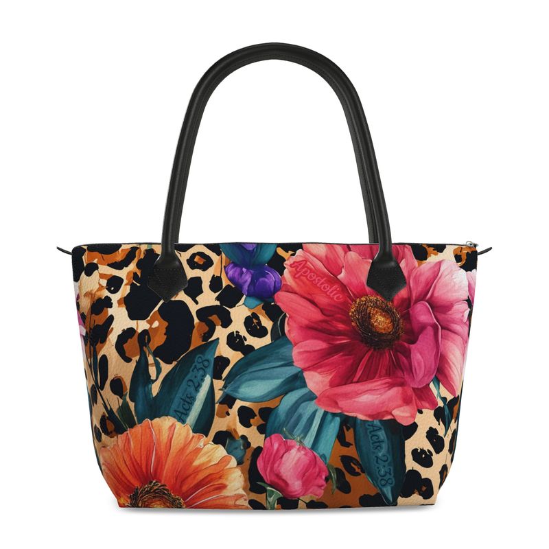 Cheetah Print Floral Full Grain Nappa Leather Zip Handbag