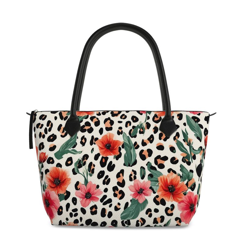 Cheetah Print Floral Full Grain Nappa Leather Zip Handbag