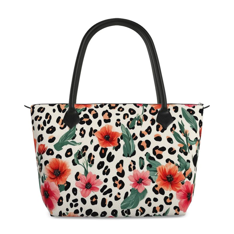 Cheetah Print Floral Full Grain Nappa Leather Zip Handbag