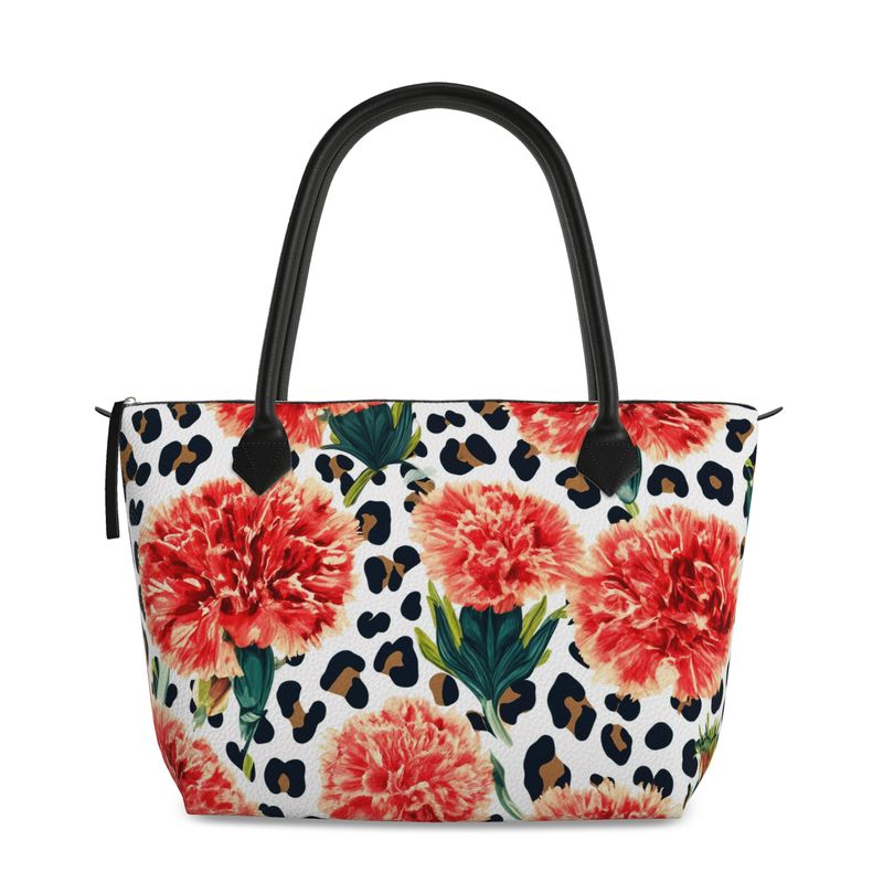 Cheetah Print Floral Full Grain Nappa Leather Zip Handbag