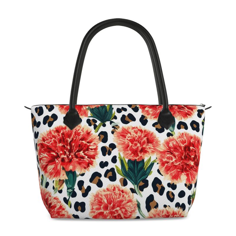 Cheetah Print Floral Full Grain Nappa Leather Zip Handbag