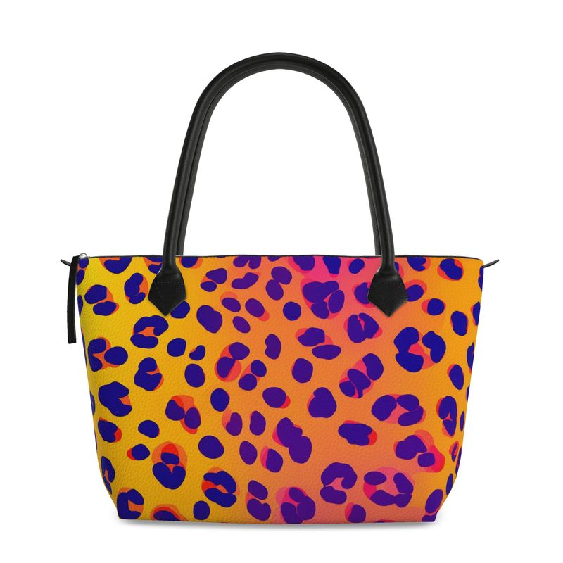 Fire Cheetah Print Full Grain Nappa Leather Zipper Handbag