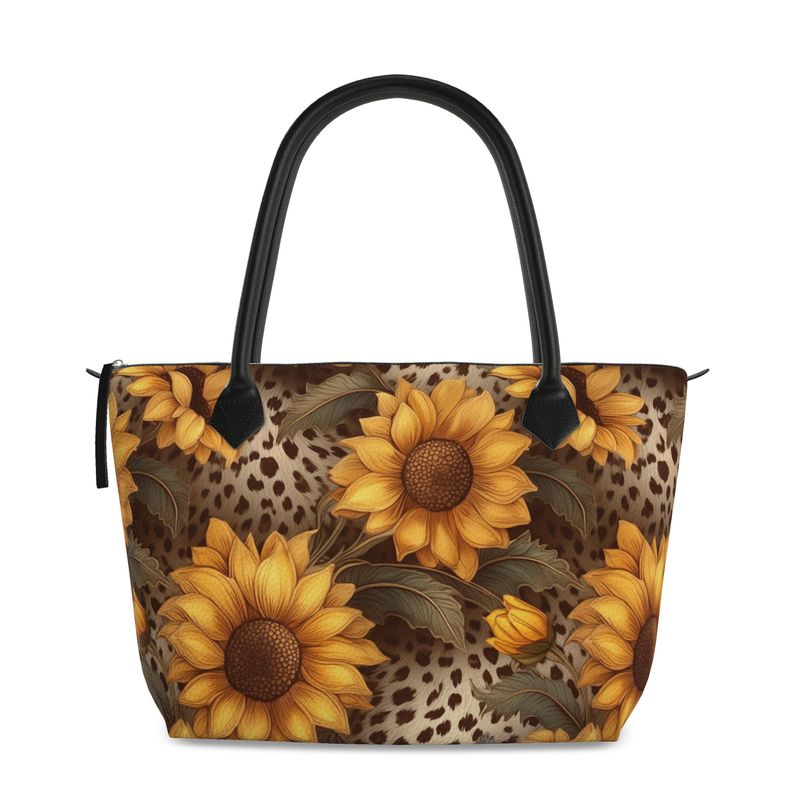 Sunflower Roses cheetah Print Full Grain Nappa Leather Zipper Handbag