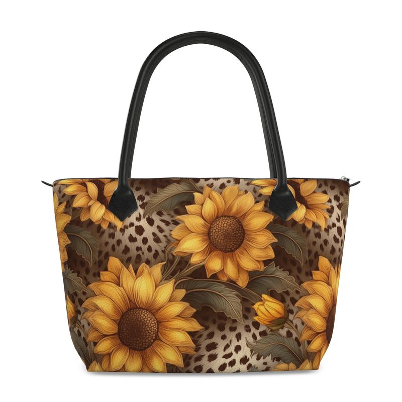 Sunflower Roses cheetah Print Full Grain Nappa Leather Zipper Handbag