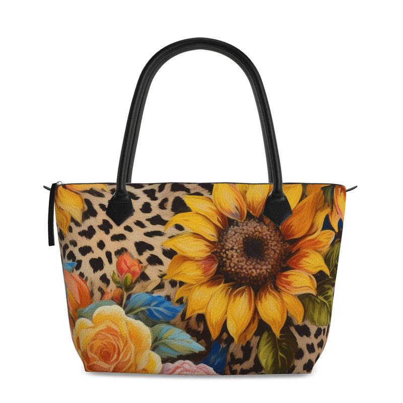 Sunflower Roses Cheetah Print Full Grain Nappa Leather Zipper Handbag