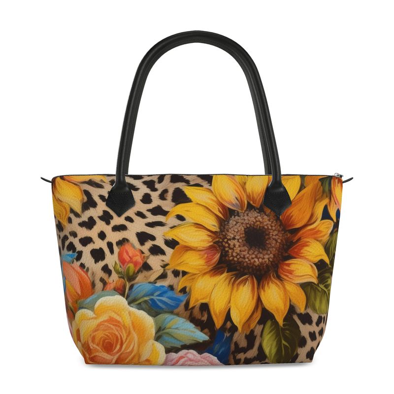 Sunflower Roses Cheetah Print Full Grain Nappa Leather Zipper Handbag