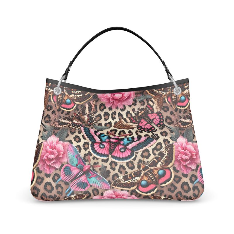 Moths floral leopard Print Full Grain Leather Handmade Handbag