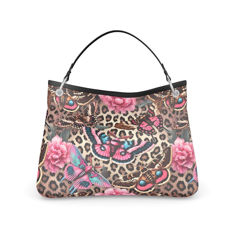 Moths floral leopard Print Full Grain Leather Handmade Handbag