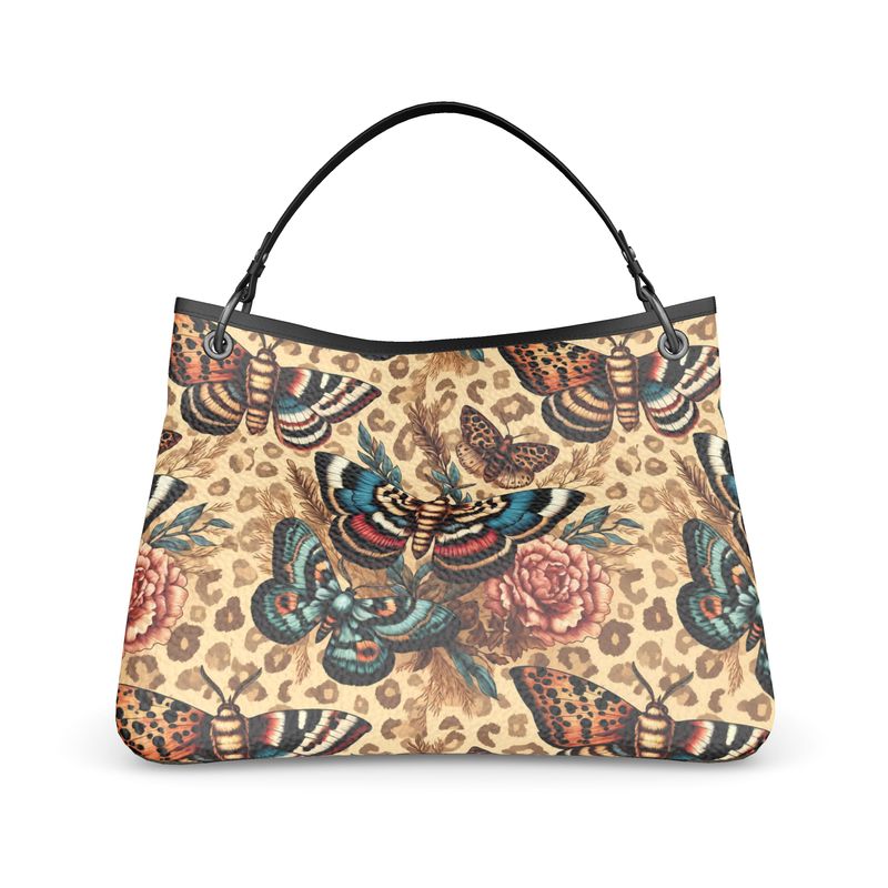 Moths floral leopard Print Full Grain Leather Handmade Handbag