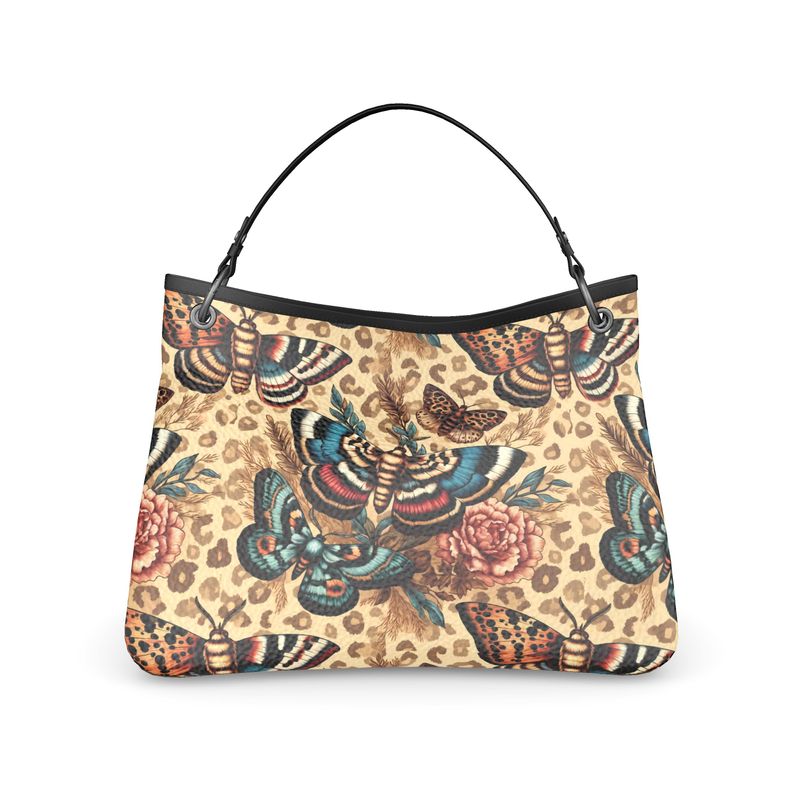 Moths floral leopard Print Full Grain Leather Handmade Handbag