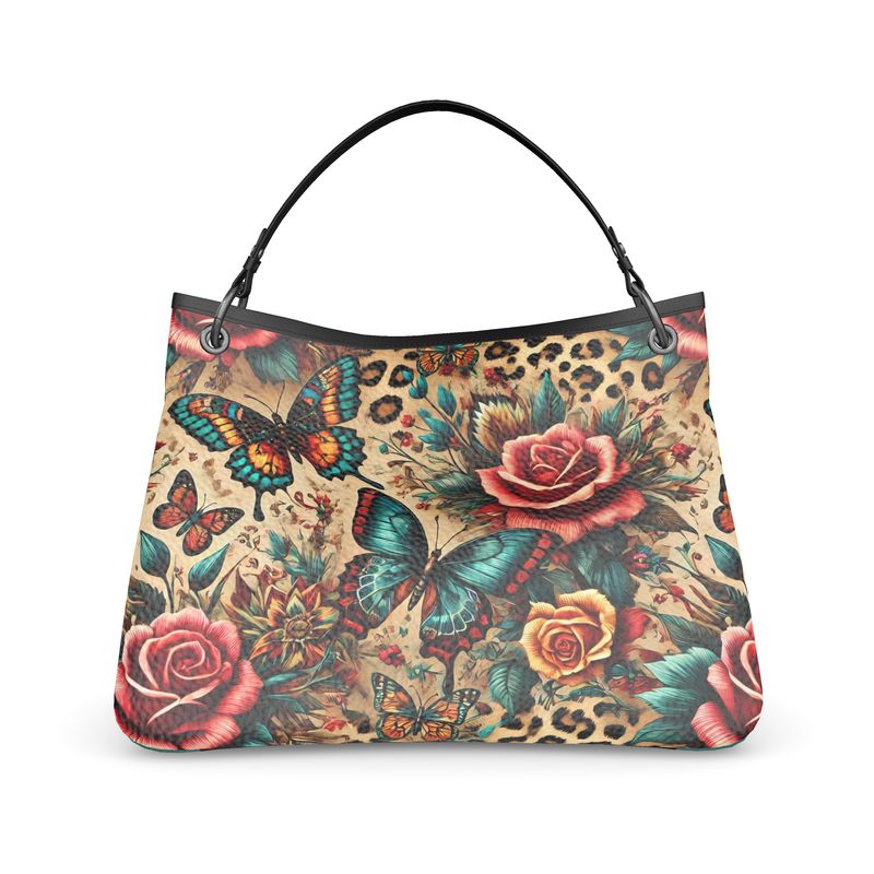 Roses Butterfly Cheetah Print Full Grain Nappa Leather Handbag