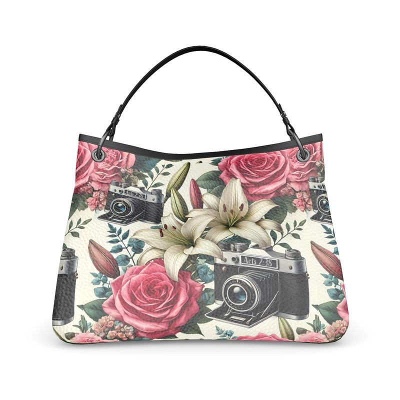 Roses Lilies Camera Acts 2:38 Full  Grain Nappa Leather Handbag