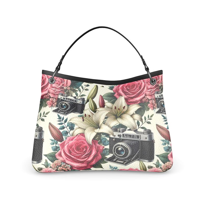 Roses Lilies Camera Acts 2:38 Full  Grain Nappa Leather Handbag