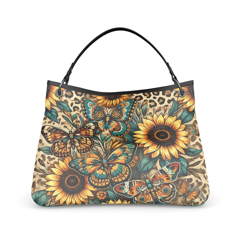 Butterflies Cheetah Print Sunflowers Full Grain Nappa Leather Handbag